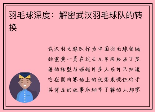 羽毛球深度：解密武汉羽毛球队的转换