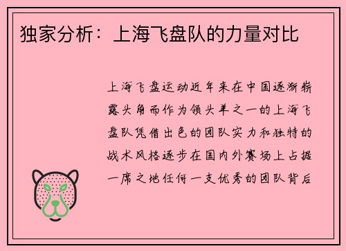 独家分析：上海飞盘队的力量对比