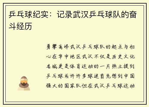 乒乓球纪实：记录武汉乒乓球队的奋斗经历