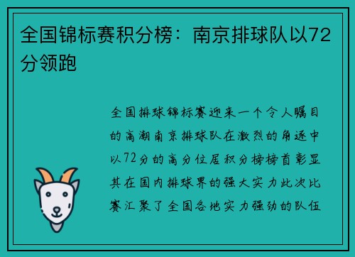 全国锦标赛积分榜：南京排球队以72分领跑